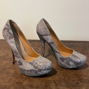 Grey snakeprint stiletto platforms